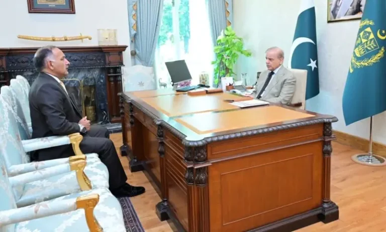 Prime Minister Shehbaz Sharif chairs a meeting with NDMA officials on monsoon rains and disaster preparedness in Islamabad.