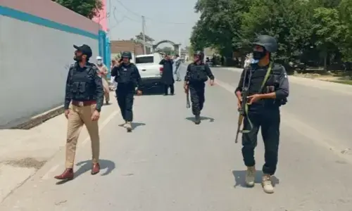 Security forces at the scene of the terrorist attack on Miryan Police Station in Bannu.