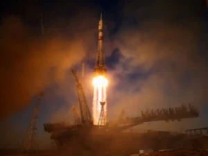 Soyuz MS-29 launches from Baikonur Cosmodrome carrying two Russian cosmonauts and one NASA astronaut to the International Space Station.