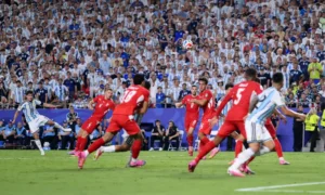 Argentina's Julian Alvarez celebrates during the World Cup quarter-final against Switzerland