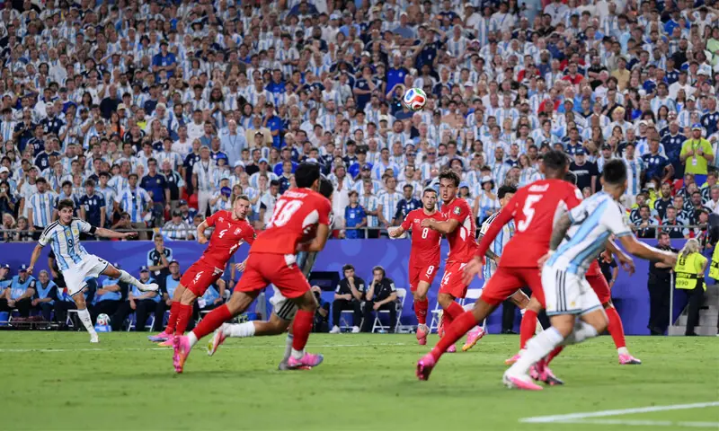 Argentina's Julian Alvarez celebrates during the World Cup quarter-final against Switzerland