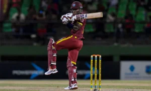 West Indies captain Shai Hope and Keacy Carty during the first ODI against New Zealand