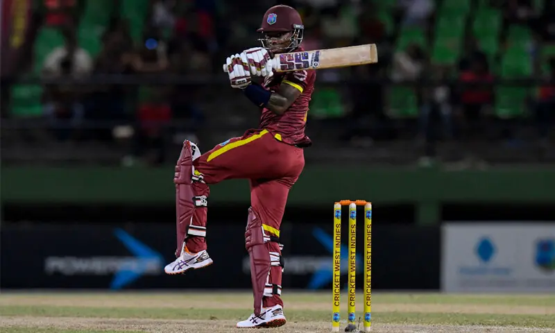 West Indies captain Shai Hope and Keacy Carty during the first ODI against New Zealand