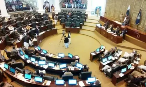 KP Assembly Speaker Babar Saleem Swati during a session on the controversial privileges law in Peshawar.