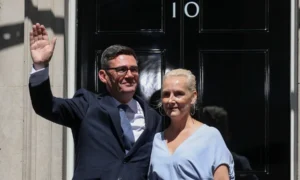 Andy Burnham speaks outside 10 Downing Street after being appointed UK prime minister by King Charles III.