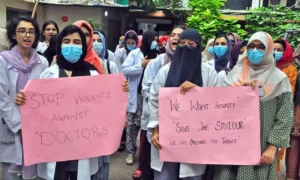 Doctors demonstrate at Jinnah Postgraduate Medical Centre after the killing of Dr Akash Kumar in Karachi.