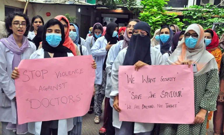 Doctors demonstrate at Jinnah Postgraduate Medical Centre after the killing of Dr Akash Kumar in Karachi.