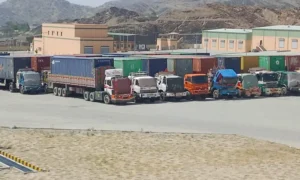 WFP humanitarian aid containers at the Torkham Border awaiting entry into Afghanistan.