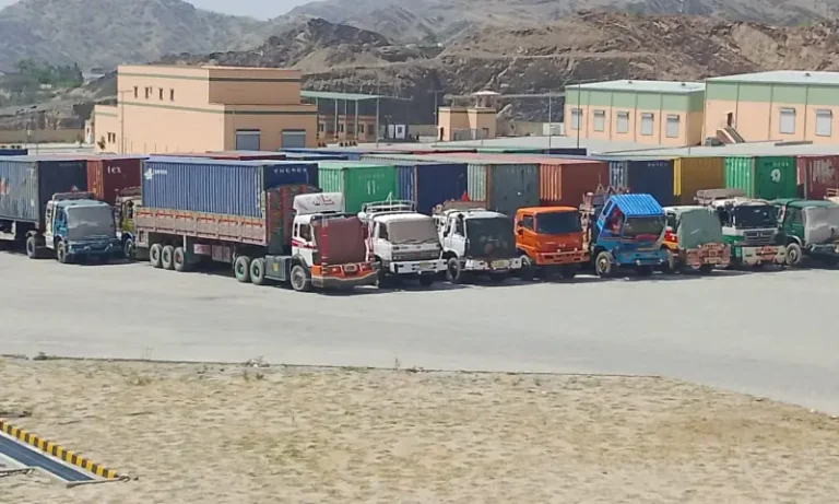 WFP humanitarian aid containers at the Torkham Border awaiting entry into Afghanistan.