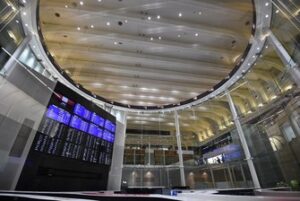 Electronic market board displays gains in the Nikkei Stock Average at the Tokyo Stock Exchange.