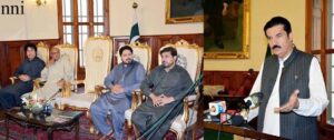 KP Governor Faisal Karim Kundi meeting members of the South Waziristan Lower Ahmadzai Wazir Jirga in Peshawar.
