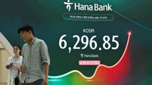 Kospi stock market board showing gains led by Samsung Electronics and SK Hynix.