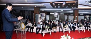 Sindh Chief Minister Syed Murad Ali Shah speaks at a KATI event recognising Dr Abdul Bari Khan in Karachi.