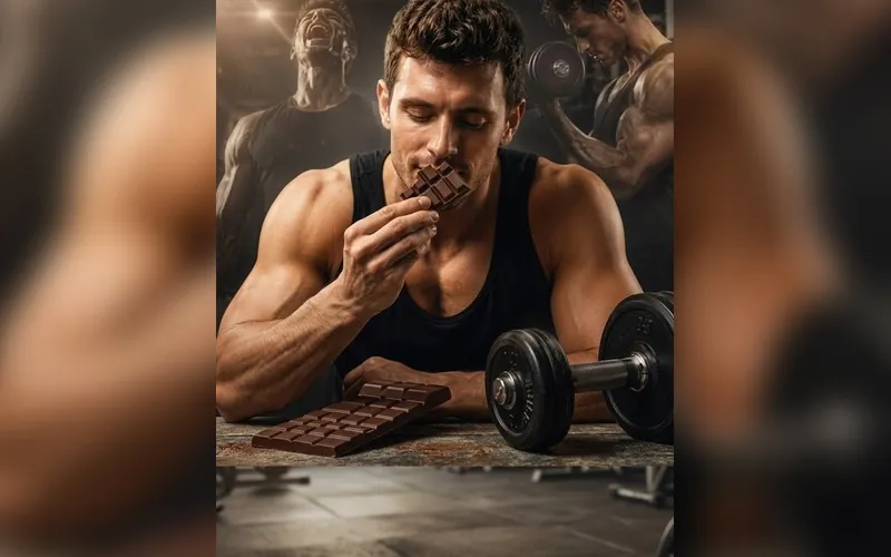Dark chocolate placed beside gym equipment to illustrate research on chocolate aroma and exercise performance.