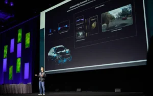 NVIDIA CEO Jensen Huang unveiling AI-powered graphics and simulation technologies at SIGGRAPH conference.