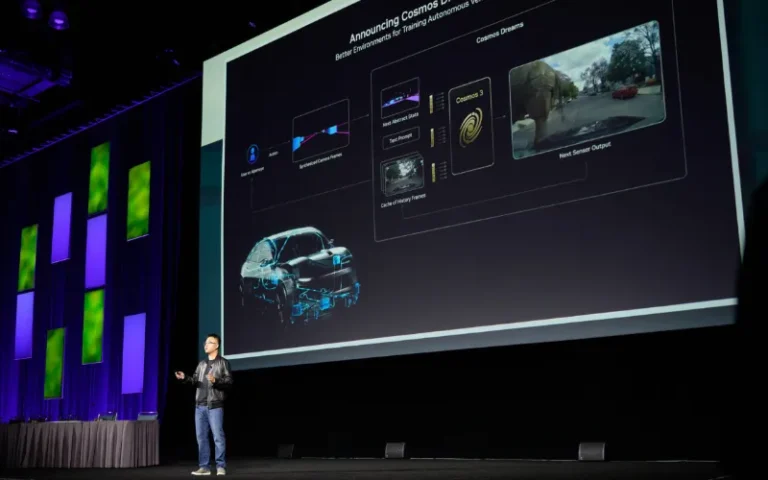 NVIDIA CEO Jensen Huang unveiling AI-powered graphics and simulation technologies at SIGGRAPH conference.