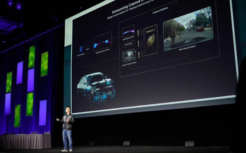 NVIDIA CEO Jensen Huang unveiling AI-powered graphics and simulation technologies at SIGGRAPH conference.