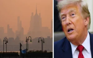 Smoke from Canadian wildfires reduces visibility over a US city skyline.