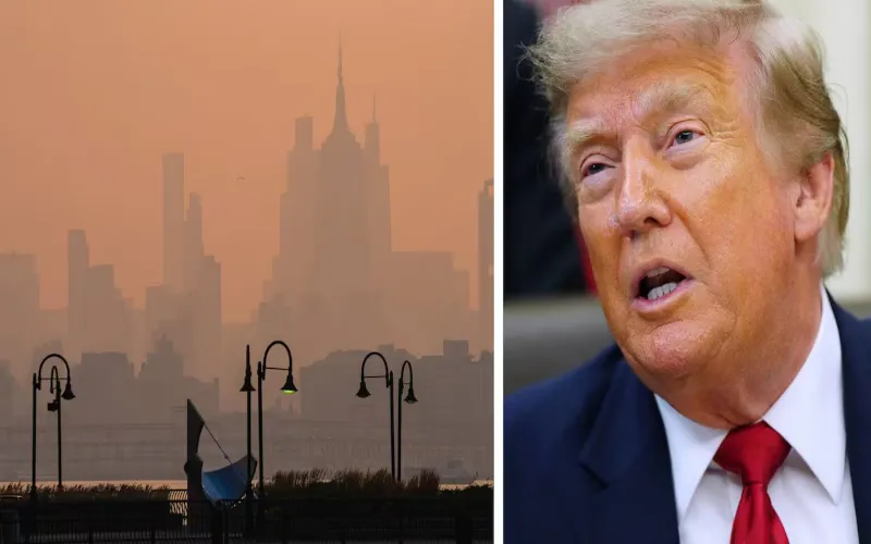 Smoke from Canadian wildfires reduces visibility over a US city skyline.