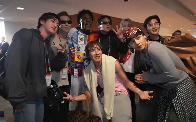 IShowSpeed poses with all seven BTS members backstage at the FIFA World Cup 2026 final in New Jersey.