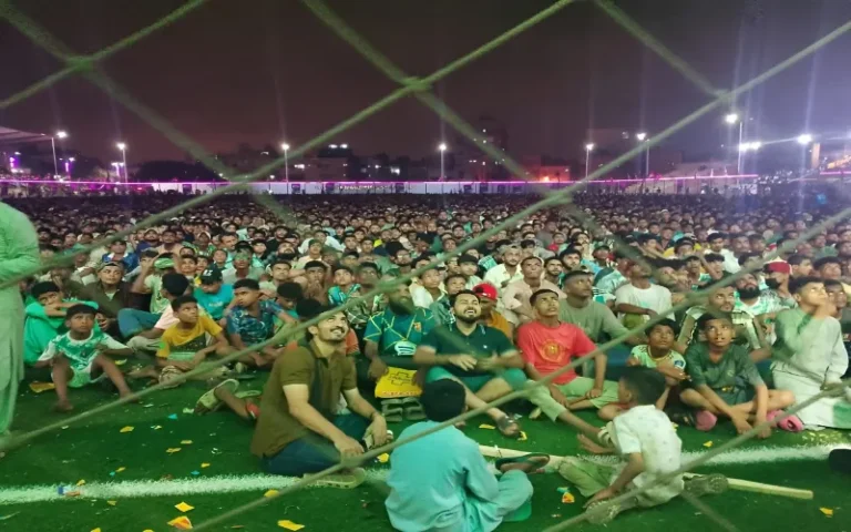 Football supporters gather at Lyari International Football Stadium in Karachi to watch the FIFA World Cup 2026 final.