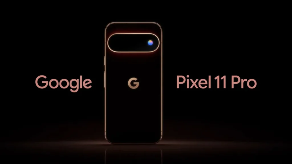 Close-up of the Pixel 11 Pro rear camera bar featuring the new Pixel Glow RGB LED.