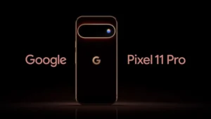 Close-up of the Pixel 11 Pro rear camera bar featuring the new Pixel Glow RGB LED.