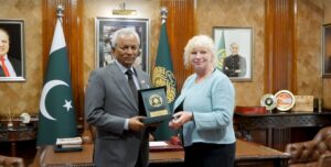 Governor Nehal Hashmi meeting UK Deputy High Commissioner Alison Blackburn at Governor House Karachi.