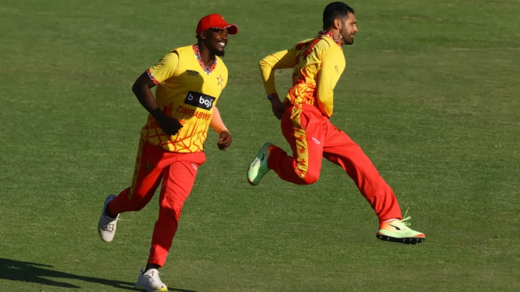 India and Zimbabwe players ahead of the opening T20 International at Harare Sports Club in Zimbabwe.