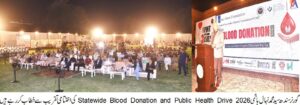 Governor Nehal Hashmi speaks at the Blood Donation and Public Health Drive 2026 in Karachi.