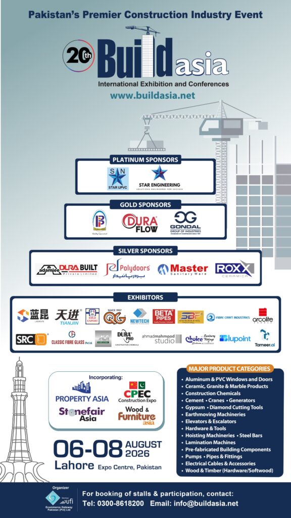 Build Asia 2026 exhibition at Lahore Expo Centre featuring construction industry exhibitors.