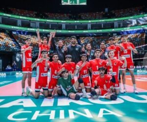 Pakistan U-18 Volleyball players celebrate after beating Thailand in the Asian U-18 Boys Volleyball Championship 2026.