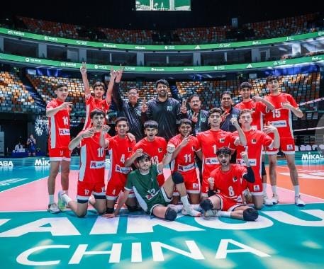 Pakistan U-18 Volleyball players celebrate after beating Thailand in the Asian U-18 Boys Volleyball Championship 2026.