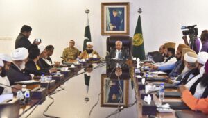 Nehal Hashmi speaks at a press conference on Pakistan's martyrs in Karachi.