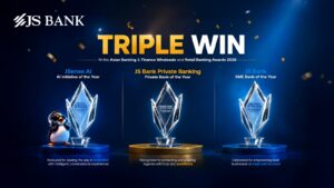 JS Bank representatives celebrate three wins at the Asian Banking & Finance Awards 2026.