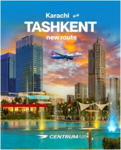 A Centrum Air aircraft promoting the new direct Karachi–Tashkent route connecting Pakistan and Uzbekistan.