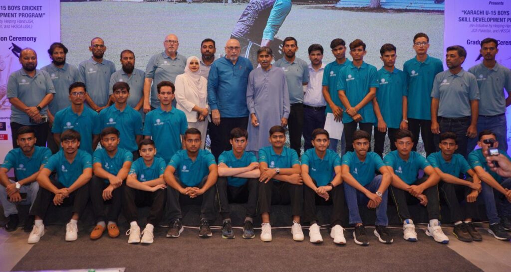 Former Pakistan captain Javed Miandad distributes certificates to participants of the Jalaluddin Cricket Academy Under-15 Skill Development Programme in Karachi.