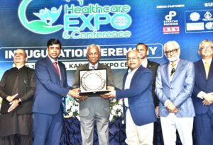 Governor Syed Muhammad Nehal Hashmi visits exhibition stalls during the 3rd Healthcare Expo and Conference in Karachi.