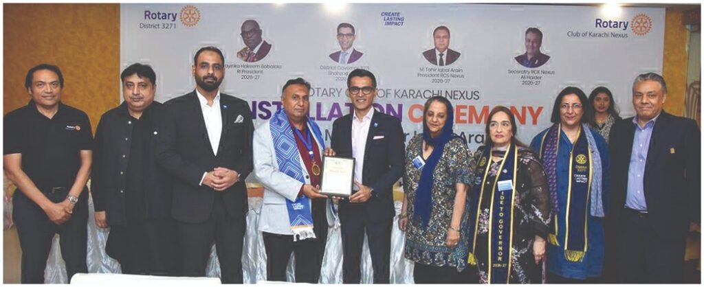 District Governor Shahzad Sabir and Rotary members attend the installation ceremony of Rotary Club of Nexus President Iqbal Tahir Arain at DHA Club in Karachi.