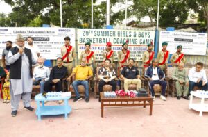 DIG Syed Pir Muhammad Shah addresses the closing ceremony of the Basketball Coaching Camp in Karachi.
