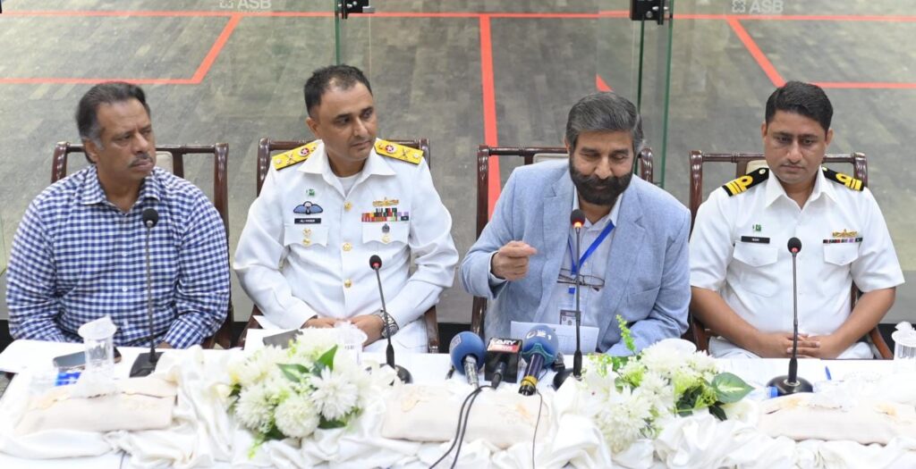 Former world champion Jahangir Khan and officials at the Pakistan Navy Fleet Club Open Squash Championship press conference.