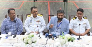 Former world champion Jahangir Khan and officials at the Pakistan Navy Fleet Club Open Squash Championship press conference.