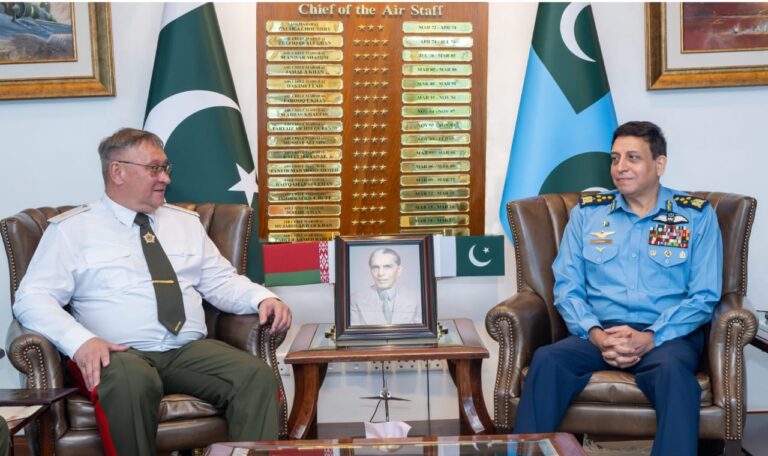 Pakistan Air Force Chief Air Chief Marshal Zaheer Ahmed Baber Sidhu with the Belarusian defence delegation at Air Headquarters.