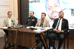 Sindh Home Minister and senior police officials brief the media on the Karachi Rangers attack investigation in Karachi.