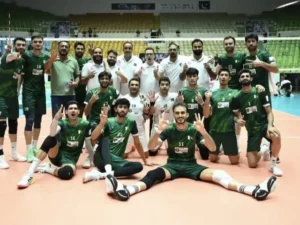 Pakistan volleyball team celebrating after winning the CAVA Men's Volleyball Championship 2026 in Islamabad.