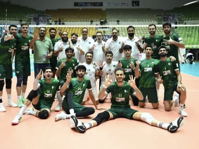 Pakistan volleyball team celebrating after winning the CAVA Men's Volleyball Championship 2026 in Islamabad.
