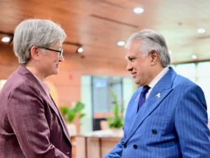 Pakistan Foreign Minister Ishaq Dar holds talks with Australian Foreign Minister Penny Wong on the sidelines of the ASEAN Regional Forum in Manila.