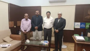 Miftah Ismail meeting media representatives at his Karachi office
