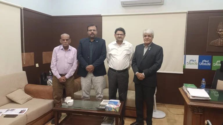 Miftah Ismail meeting media representatives at his Karachi office