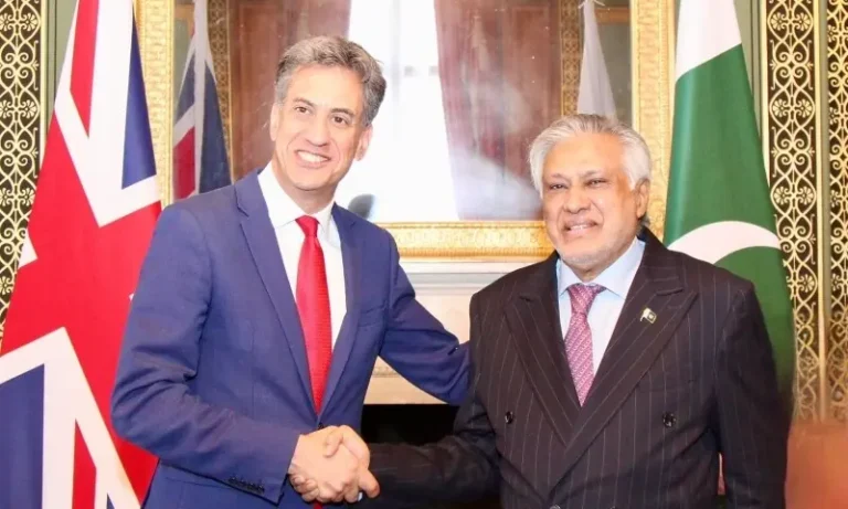 Ishaq Dar meets British Foreign Secretary Ed Miliband in London for Pakistan UK talks
